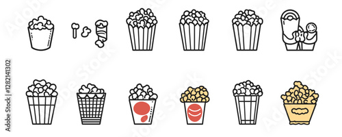 Flat icons set of popcorn buckets in various styles.