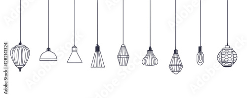 Flat linear icons set of hanging light fixtures and modern pendant lamps vector.
