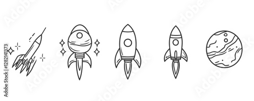 Linear rocket icons set in flat style: spacecraft and planet vector collection.