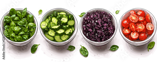 Fresh vegetable salad ingredients vector icons set in flat style.