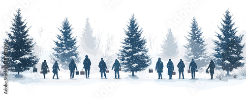 Flat linear icons set of people and pine trees in snowy winter landscape.