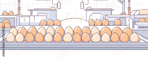 Egg production line icon set: flat style vector of factory process and conveyor.
