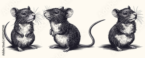 Cute mouse icons set in linear style, vector illustration of adorable rodents.