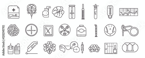 Medical and science flat linear icons set: research, lab equipment, and health symbols.