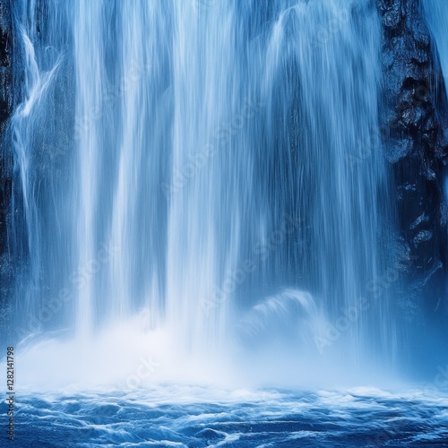 Waterfall cascading down rocky cliffs, tranquil blue tones