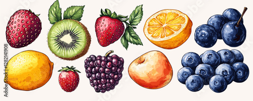 Flat fruit icons set vector in linear style featuring various berries and citrus.