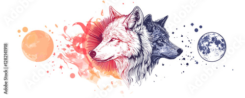 Flat linear wolf icons set with sun and moon elements vector design.