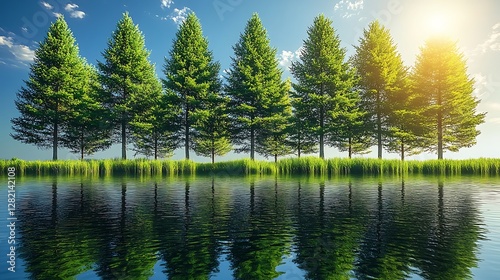 A calm lake surrounded by tall evergreen trees, with the morning sun reflecting on the water's surface