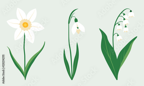 A minimalist digital illustration of three delicate spring flowers: daffodil, snowdrop, and lily of the valley. The elegant floral design features soft pastel tones, making it ideal for botanical prin