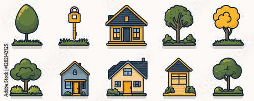 Flat linear icons set of houses and trees in colorful vector style.