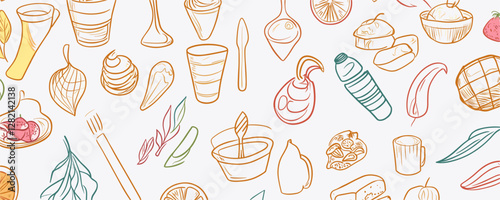 Flat linear icons set of kitchen and food items.