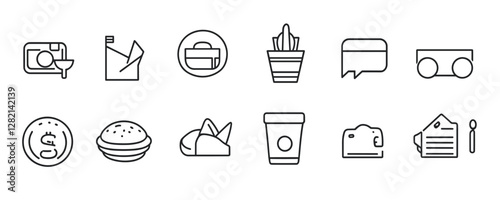 Flat linear food and drink icons set with minimalist design elements.