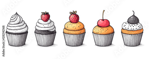 Flat vector cupcake icons set with various toppings including cherry and strawberry.