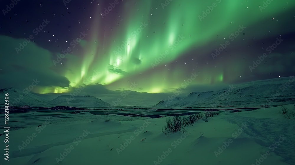 Naklejka premium A vast aurora over a snow-covered landscape