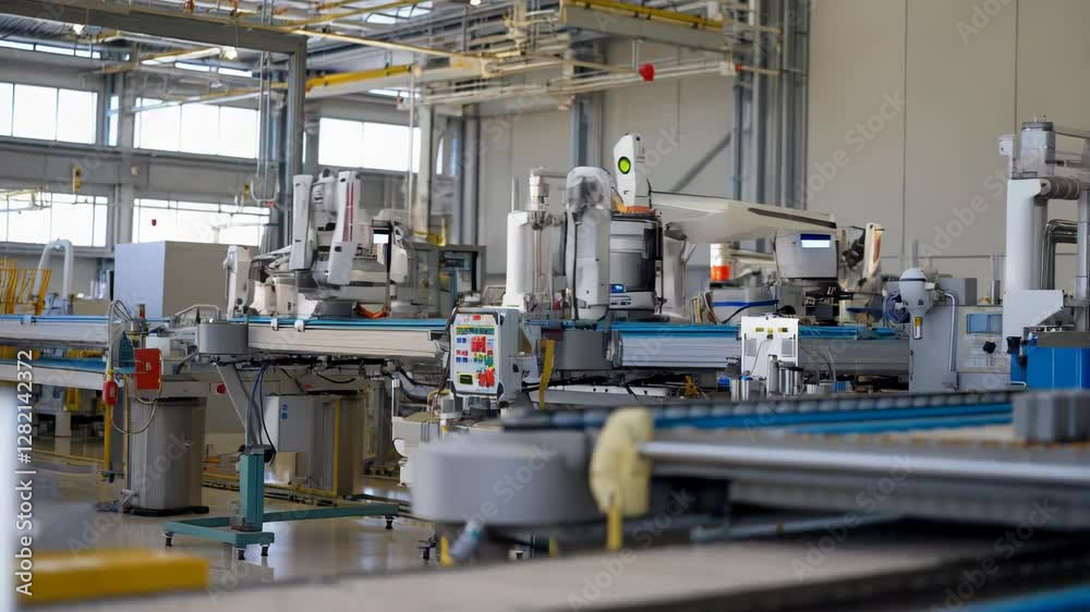 Automated factory assembly line with robotic arms and conveyor belts. Automated factory assembly line with robotic arms and conveyor belts.