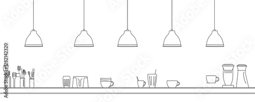 Linear coffee shop elements flat vector icons set with cups, lights, and blenders.