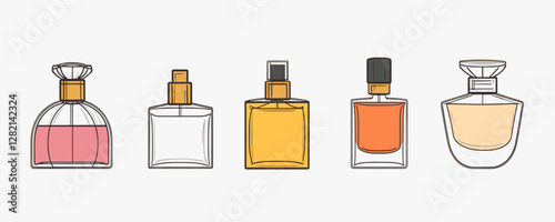 Flat fragrance bottle icons set in linear style.