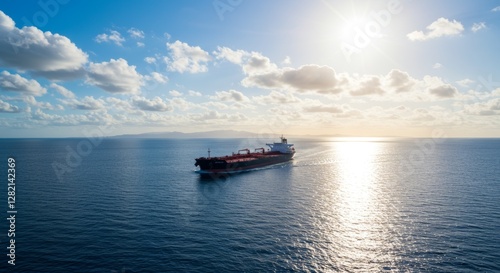 Photograph of a large black oil tanker sailing through the deep blue ocean under a bright sky with scattered white clouds, featuring a red superstructure.

