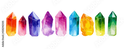 Colorful crystal icons set in flat style - vibrant decorative vector collection.