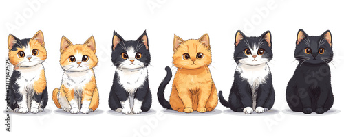Flat cat icons set: adorable cartoon kittens in various colors vector style.