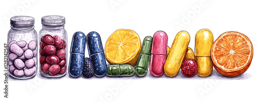 Flat icons set of vitamin pills and citrus fruits in bottles - vector art.