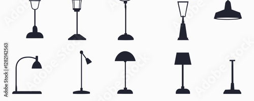 Flat vector icons set of various lamp designs in minimalist style.