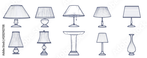 Flat vector lamps icons set: linear design of table and floor lamp styles.