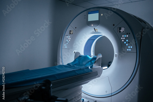 Modern hospital and communication network concept. Medical technology. Magnetic resonance imaging scan device in Hospital. Blue background, art lighting, blue filter. MRI scanner capsule. Copy space