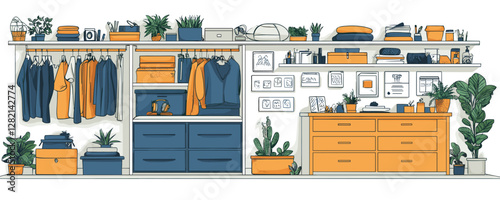 Flat linear closet and wardrobe organization icons set with clothing and decor elements.