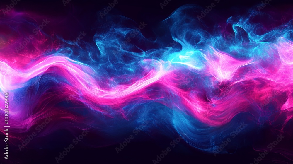 Glowing wave of pink and blue particles, abstract and cosmic, vibrant and dynamic, futuristic and electric, high detail, bright and immersive, smooth and fluid