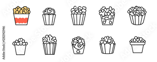 Popcorn icons set - flat vector style with various container designs.