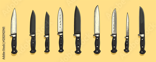 Flat kitchen knives icons set vector – diverse knife collection on yellow background.