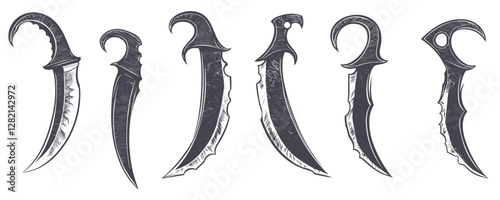 Curved knives vector icons set in linear style with sharp blades.