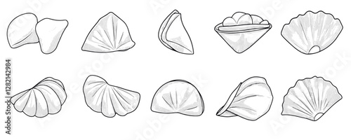 Flat icons set of dumplings in linear style: assorted dumpling shapes vector.