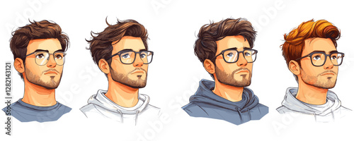 Flat vector icons set of men with glasses in different hairstyles.