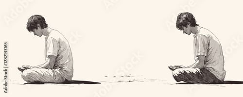 Meditation icons set - flat linear vector style featuring two seated individuals in contemplative poses.