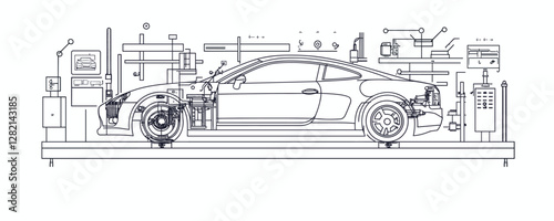 Linear flat car engineering icons set - detailed automotive vector illustration.