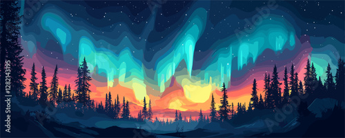 Northern lights vector icons set in flat style with aurora borealis and starry night sky.
