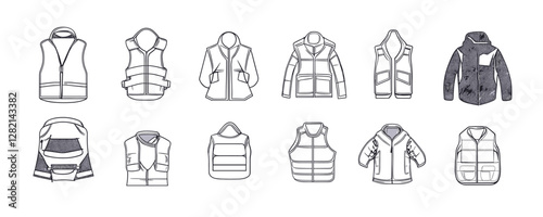 Flat vector icons set of outerwear garments including vests and jackets.