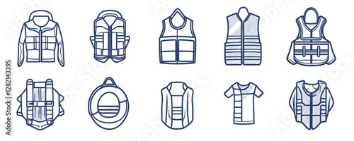 Flat vector icons set of life jackets and vests in linear style.