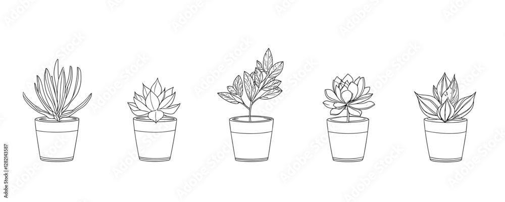 Linear flat plant icons set in pots: vector outline style for design. Linear flat plant icons set in pots: vector outline style for design.