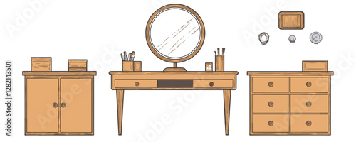 Flat style vanity furniture icons set with mirror and dressers.