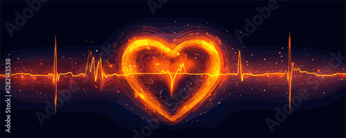 Heartbeat ekg linear icons set, flat style vector image of glowing heart and pulse.