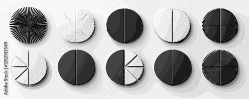 Flat black and white circle segments icons set - geometric vector design.