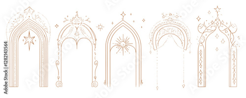 Flat linear arch icons set with stars and celestial designs.