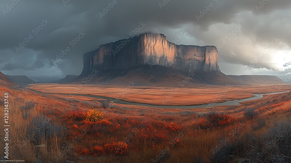 Fototapeta premium A scenic mountain valley with a river winding through fields of colorful wildflowers