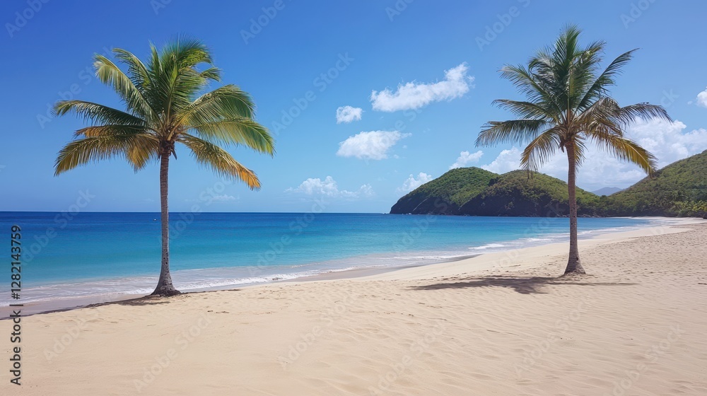 Fototapeta premium A serene beach scene featuring two palm trees framing a tranquil turquoise sea under a clear blue sky.
