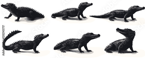 Flat alligator and crocodile icons set in black and white vector style.