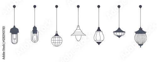 Flat linear hanging lamps icons set in vector style.
