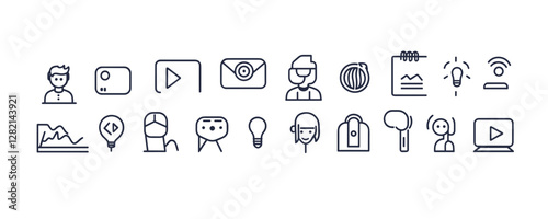 Linear flat design icons set for communication and multimedia applications.